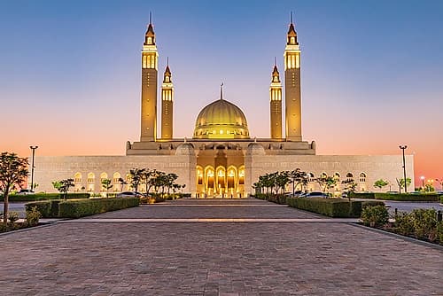 Middle East-Arabian Peninsula-Oman-Ad Dakhiliyah-Nizwa-Sunset at the Sultan Qaboos Grand Mosque Religious Print